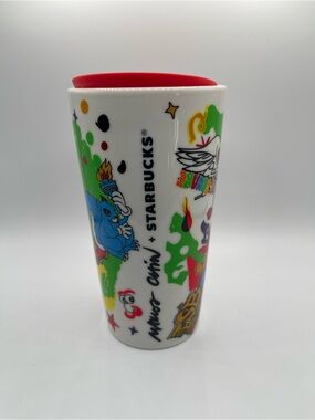 Starbucks White Ceramic Travel Cup with Red Interior and Multicolor Graffiti